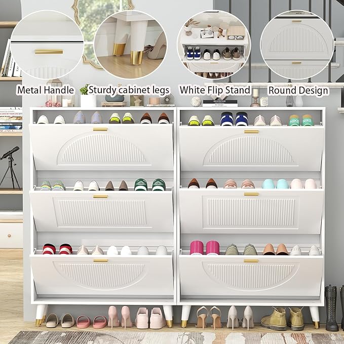 White Shoe Cabinet Storage for Entryway: Modern Hidden Shoe Storage Cabinet, Shoes Rack with 6 Flip Drawers, Wood Small Organizer with Doors (2 Pieces, 32")