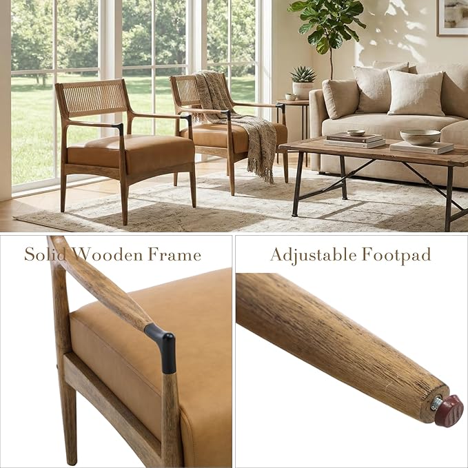 Ya-Home Mid-Century Modern Accent Chairs with Woven Rope Back, Upholstered PU Leather Armchairs with Solid Wood Frame for Living Room Bedroom,2PCS, Brown