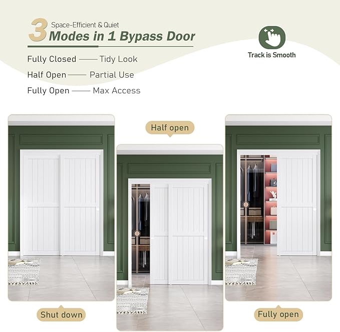 FREDBECK Sliding Closet Doors 60x80(Double 31inch),Bypass Barn Door with Hardware,for Bedroom,White,H Frame,Assemble Required