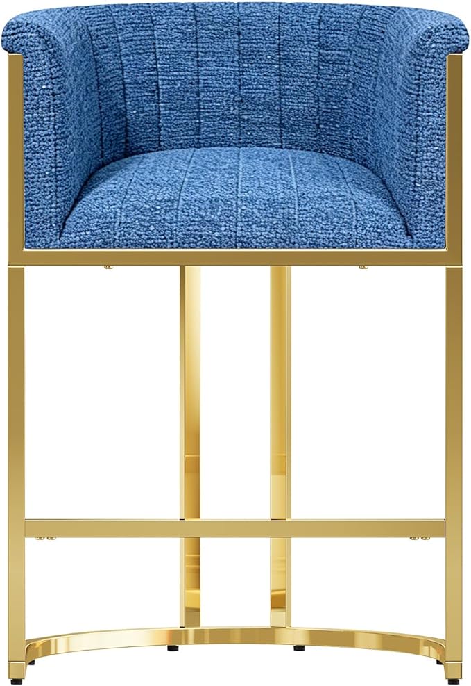 26" Modern Counter Height Bar Stools,Accent Barstools with Arms,Kitchen Island Chairs,PU Leather Upholstered Barrel Bar stools with Backs,Mirror Champagne Gold Base/Blue Linen