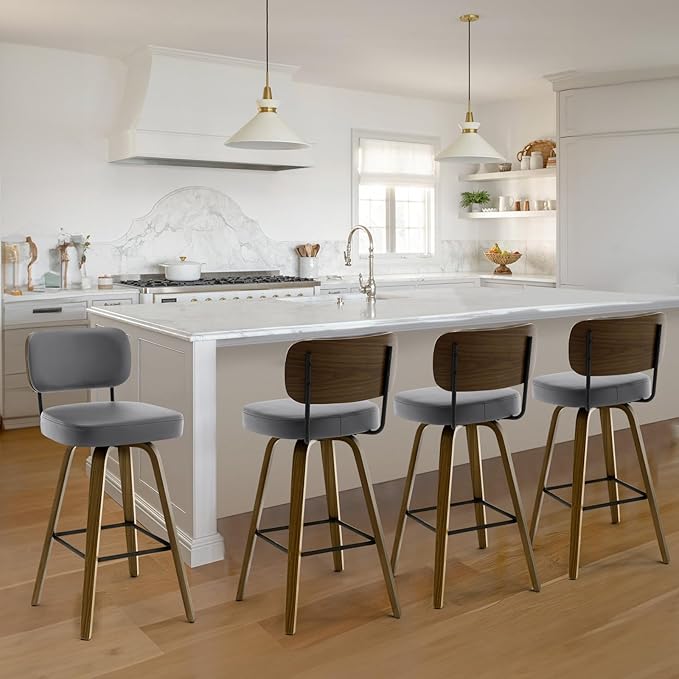 Bekrvio Swivel Bar Stools Set of 4, 29" Upholstered Faux Leather Barstools with Back and Bent Wood Legs, Mid Century Modern Bar Chair Island Stool for Kitchen Counter, Grey