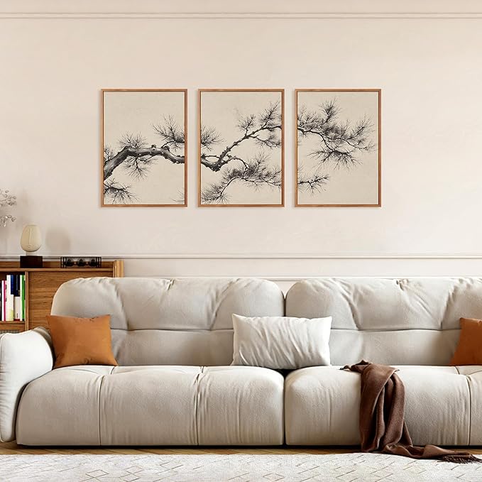 HPNIUB Vintage Sketch Pine Tree Framed Canvas Wall Art Set, Brown Antique Tree Branch Wall Decor, Nature Botanical Art Print, Modern landscape Pictures for Living Room, Office(Set of 3,12X16 Inch)