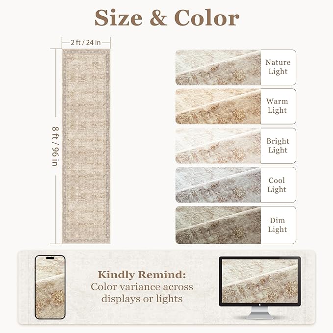 Earth Beige 2x8 Kitchen Runner, Washable Non Slip Runner Rug for Hallway Entryway, Lightweight Ultra Thin Low Pile Carpet Runner for Bathroom/Mudroom/Corridor/Laundry Room, Vintage Neutral