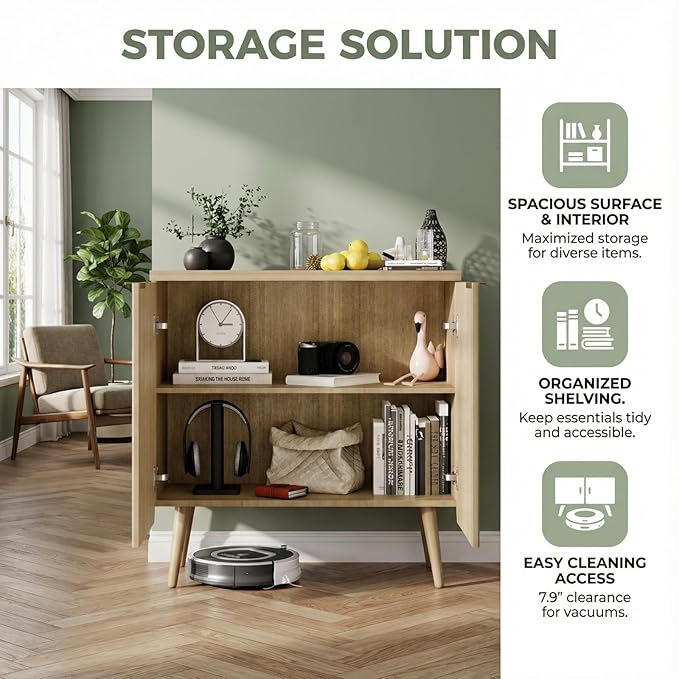 29.5" Modern Fluted Sideboard Cabinet with 2 Doors, Wood Storage Credenza with Shelves, Multi-Purpose Buffet Cabinet for Entryway, Dining & Living Room, Natural Wood