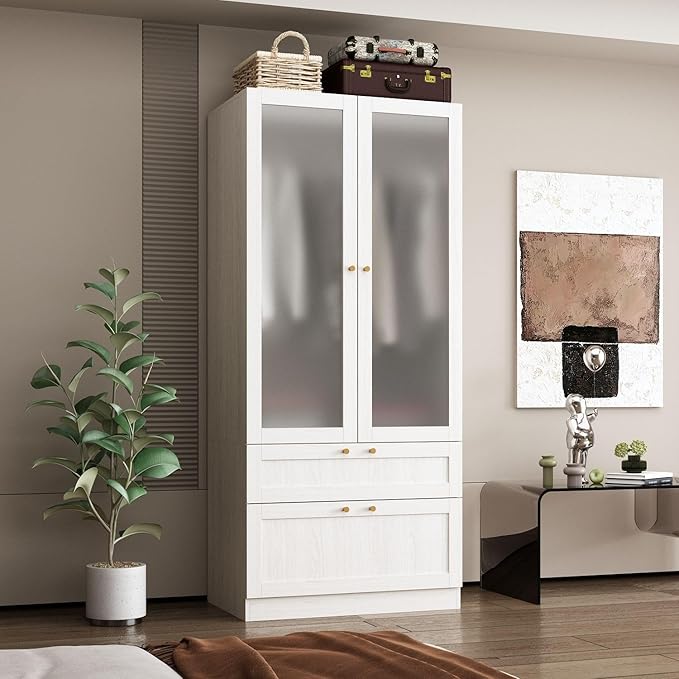 MOUMON 70.9" Wardrobe with Frosted Glass Doors & 2 Drawers, Armoire Closet with Hanging Rod, for Bedroom 31.5”W x 19.7”D x 70.9”H
