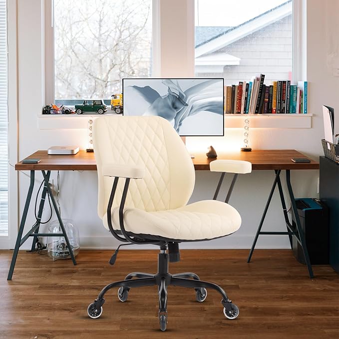 YFO Home Office Desk Chair Office Rubber Casters Ergonomic Computer Chair with Lumbar Support Adjustable Height Rolling Swivel Executive Task Armrests Chair， Cream Leather