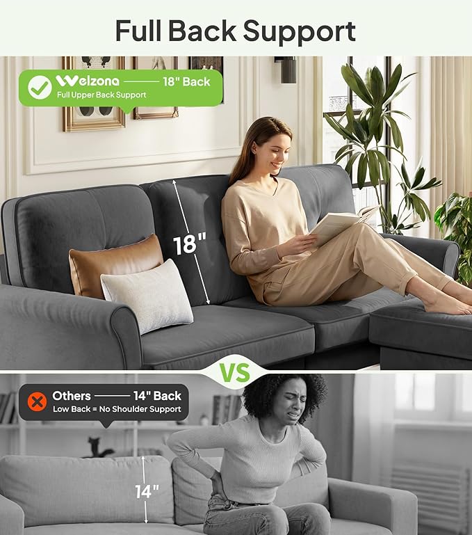 Welzona Sofas for Living Room, 83" Velvet Sectional Couch with Moveable Ottoman, Midcentury Modern Small Sectional Couch, L Shape Sofa & 2 Seater, Couches for Living Room, Apartment, Bedroom