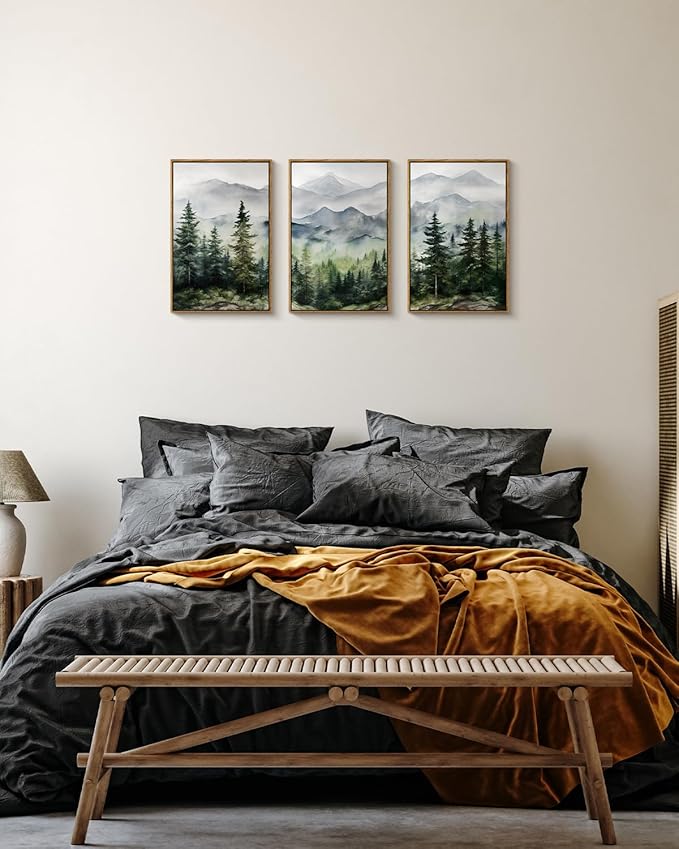 Misty Mountain Framed Canvas Wall Art 16"x24"x3, Living Room Bedroom Office Modern Nature Wall Decor, Rustic Serene Forest Landscape Canvas Art Prints Set Framed Forest Paintings