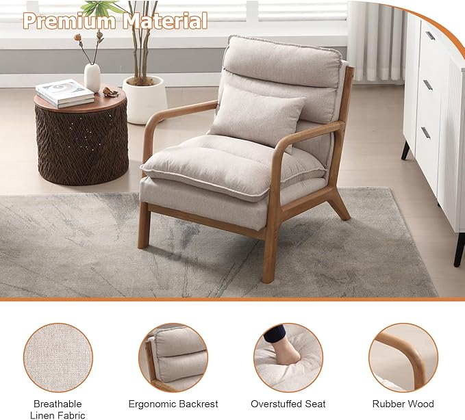 INZOY Mid Century Modern Accent Chair with Wood Frame, Upholstered Reading Armchair with Waist Cushion, Double Padded Accent Chair, Side Chair for Living Room Bedroom Office, Easy Assembly, Beige