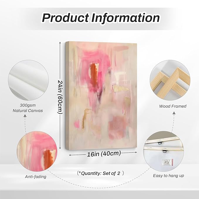 Tocliky Abstract Wall Art Neutral Modern Canvas Painting Decor Pink Beige Minimalist Wall Art Contemporary Abstract Poster Artwork for Living Room Bedroom 16x24 Inch Wrapped Canvas Set of 2