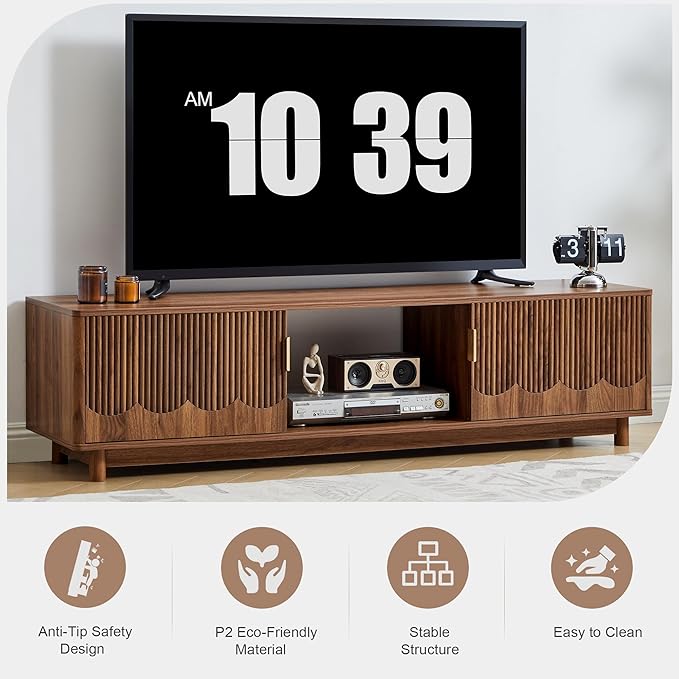 FurSch 62.2” Fluted TV Stand Low Profile, Mid Century Modern TV Stand with Storage for Bedroom Living Room, Curved Media Console for 50 55 60 65 70 Inch TVs (Walnut)