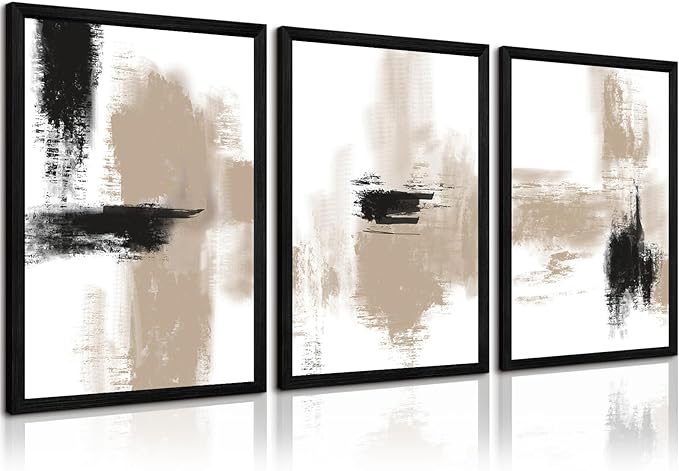 Joocrise Beige Abstract Wall Art Painting Set of 3 Neutral Canvas Wall Art Prints Black Beige Modern Wall Decor Minimalist Art Pictures Abstract Modern Artwork for Room Bedroom 12x16 Inch Wood Framed