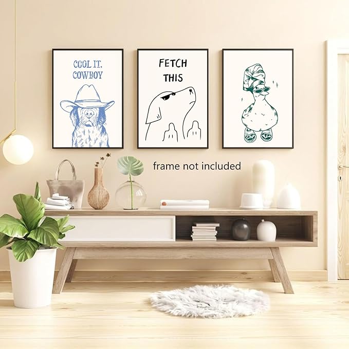Funny Animal Bathroom Wall Art Set of 3, Cute Funky Dog and Duck Canvas Prints Posters, Simple Fashion Modern Farmhouse Animals Picture for Kids Room Dorm Living Room Wall Decor 12x16 Inch Unframed