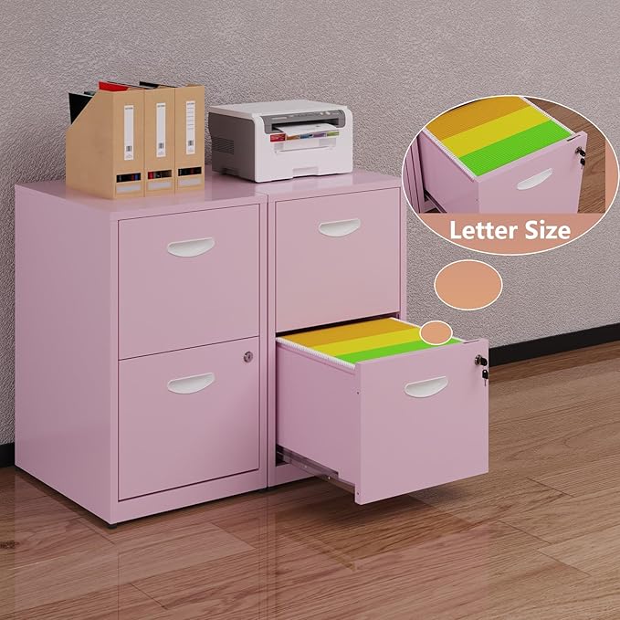 Polup Pink Under Desk File Cabinet, 2 Drawer Locking Cabinet for Home Office, Letter Size - Assembly Required