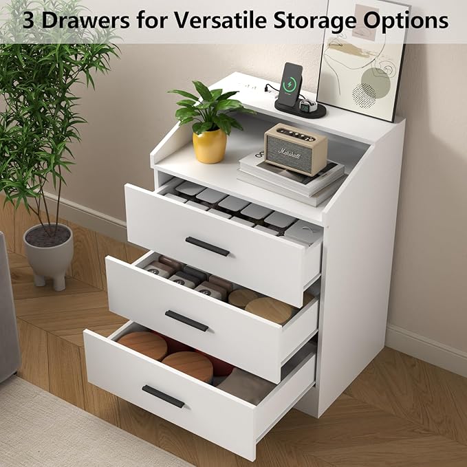 Gyfimoie 3 Drawers Dresser with Power Outlet, Chest of Drawers with LED Light, White Dresser Organizer with Open Storage Cubby, Modern Nightshatnd for Bedroom, Living Room, Entryway, Hallway