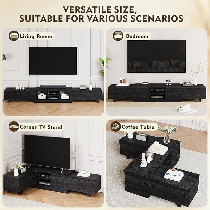 MEISSALIVVE Extendable TV Stand for Up to 120 Inch TV, Modern Entertainment Center with 4 Drawers & 2 Storage Compartments, Adjustable Length (95"-121"), TV Consoles for Living Room & Bedroom (Black)