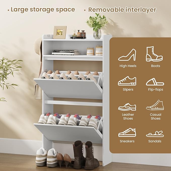 Shoe Cabinet Organizer with 2 Flip Drawers，Freestanding Shoe Rack Cabinet，Narrow Shoe Cabinet Storage for entryway, Foyer, Hallway, White, 23.6" W