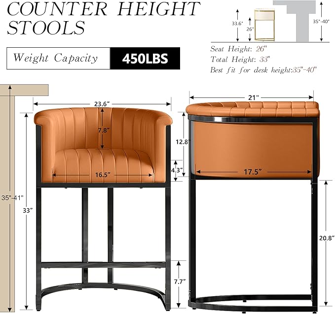 Modern Counter Height Bar Stools,Bar Stools Set of 4,PU Leather Upholstered Barrel Barstools with Backs and Arms,26" Kitchen Island Chairs,Metal Black Frames,Camel Brown Leather