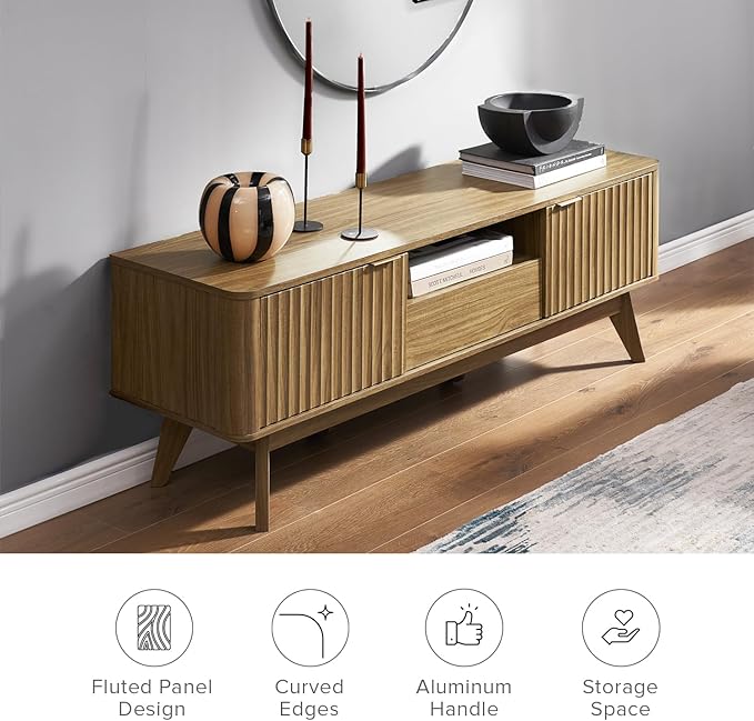 mopio Brooklyn Mid-Century Modern TV Stand, for TVs up to 50” / 59" Waveform Panel, Sleek Curved Profile with Adjustable Shelf and Sturdy Box Frame Leg (Natural Walnut, 57")
