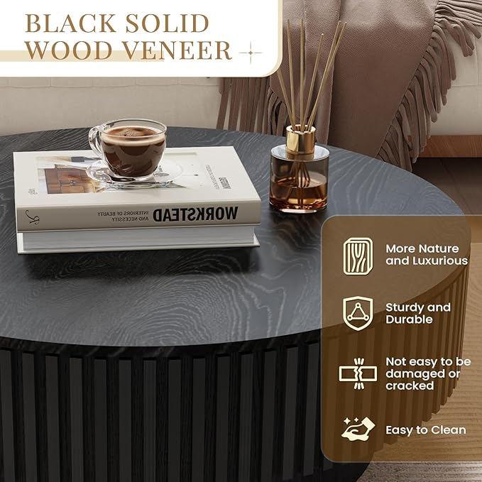 39.37'' Round Coffee Table with Storage, Modern Fluted Circle Coffee Table Unique Drum Low Center Tea Table with Solid Wood Veneered for Living Room Small Space, Mesas De Centro para Sala, Black