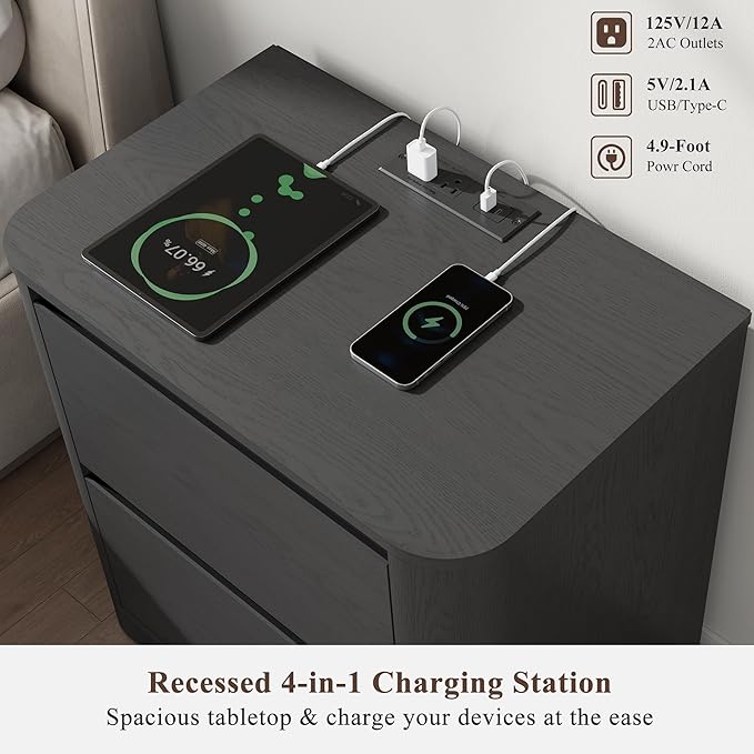 Black Nightstands Set of 2 with Charging Station, 23.6" Modern Night Stand with Unique Thickened Foot and 2 Storage Drawers, Bedside Table with Rounded Corner Design for Bedroom