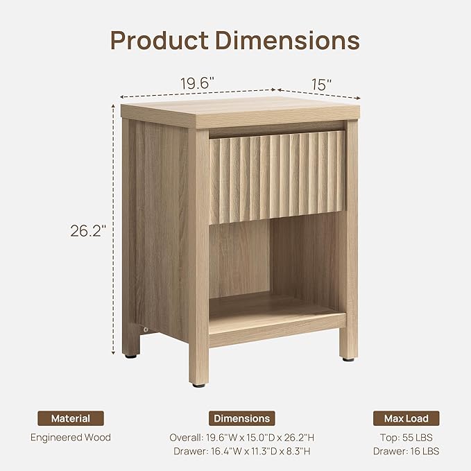 SICOTAS Night Stand Fluted Nightstand with Drawer, Farmhouse Bedside Table with Storage Shelf, Boho Large End Table Bed Side Tables for Bedroom, Light Oak