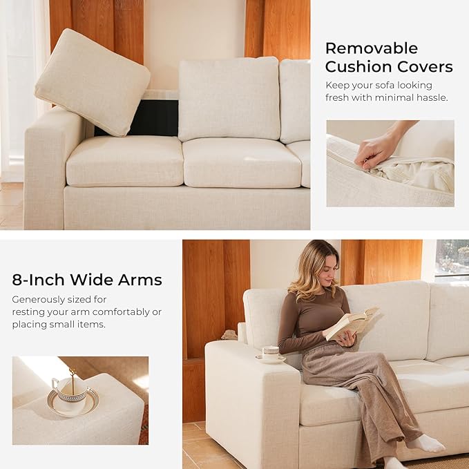 ELUCHANG 113" V-Shaped Modular Sectional Sofa Couch, Modern 7-Seat Comfy Linen Deep Seat Sofa with Corner, Removable Cover, Easy Assembly, Large Sofas & Couches for Living Room, Office, Beige | Spring Cushions, Easy to Clean, Deep Seat