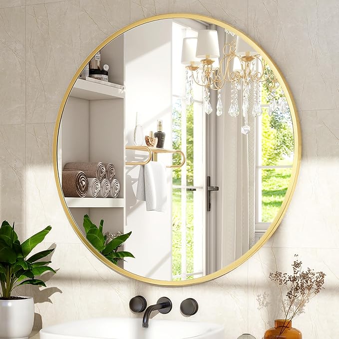 XRAMFY 30 Inch Round Mirror - Circle Mirrors for Bathroom, Entryway and Living Room Wall Decor, Modern Hanging Vanity Mirror, Matte Gold Circle Decorative Wall Mirror