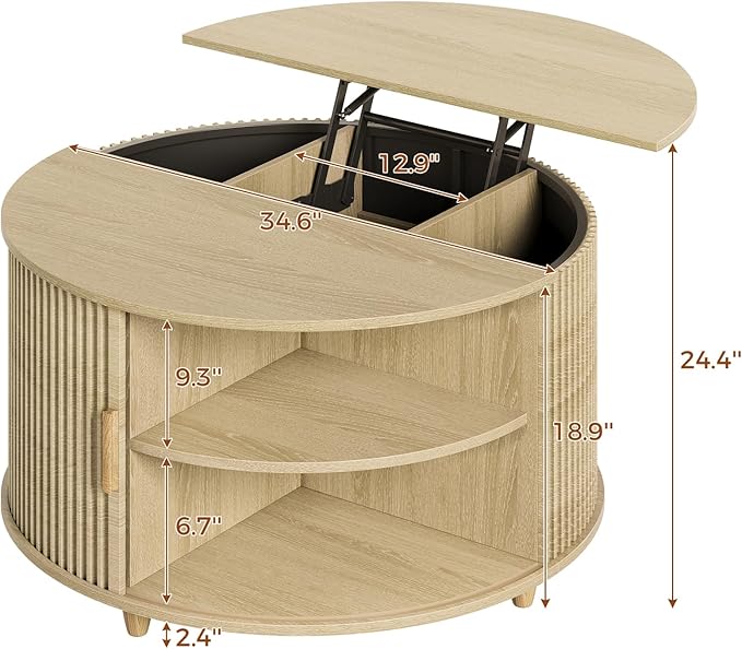 Round Lift Top Coffee Table, 34.6" Modern Coffee Table with 180° Curved Sliding Door, Fluted Accent Coffee Tables with Hidden Storage and Open Shelves, for Living Room, Office, Oak