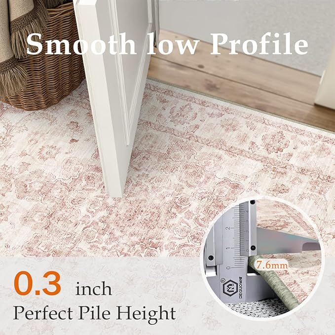2x3 Washable Neutral Area Rug Pink Vintage Entryway Kitchen Carpet Non-Slip Soft Low Pile Farmhouse Indoor Small Throw Rug for Bedroom Bathroom Entrance