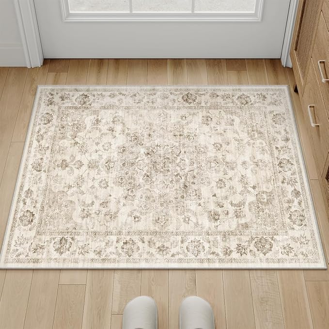 2x3 Washable Neutral Area Rug Beige Vintage Entryway Kitchen Carpet Non-Slip Soft Low Pile Farmhouse Indoor Small Throw Rug for Bedroom Bathroom Entrance