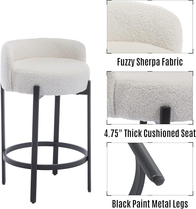 LukeAlon Modern Sherpa Counter Height Stools Set of 2, Upholstered 26" Seat Height Barstools with Black Metal Legs Round Low Back Kitchen Stools with Footrest for Dining Room Small Places, White