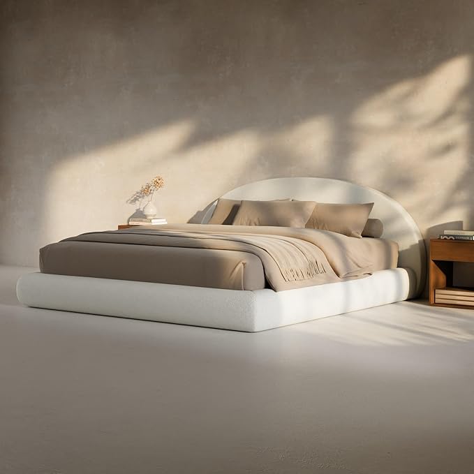 RECCI AirFrame Half-Moon Upholstered King Platform Bed Frame, Velvet Curved Arched Base with Headboard, 5 Inch Fully Round Cushioned Foam, No Box Spring Needed, Easy Assembly | Round Shaped, Boucle, Low-profile, Soft