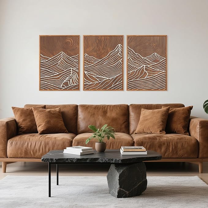 HPINUB Line Style Mountain Framed Canvas Wall Art, Vintage Tree Rings Wall Decor, Abstract Tree Spiral Wall Painting, Modern Nature Art Prints for Living Room,Bedroom,Farmhouse(Set of 3,12X16 Inch)