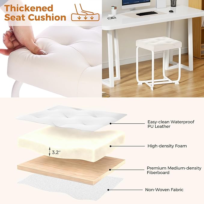BEWISHOME White Vanity Chair, Leather Vanity Stool, Small Stool Chair for Vanity, Square Ottoman Foot Stool, Makeup Vanity Chairs with Thick Padded Seat for Small Spaces, Bathroom, Bedroom, Entryway