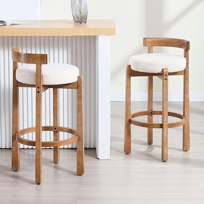 LukeAlon Mid Century Linen Bar Stools Set of 4, 30.25" Seat Height Upholstered Barstools with Wood Legs Modern Tall Bar Chair with Curved Low Back Round Footrest for Pub Home Kitchen Island, Beige