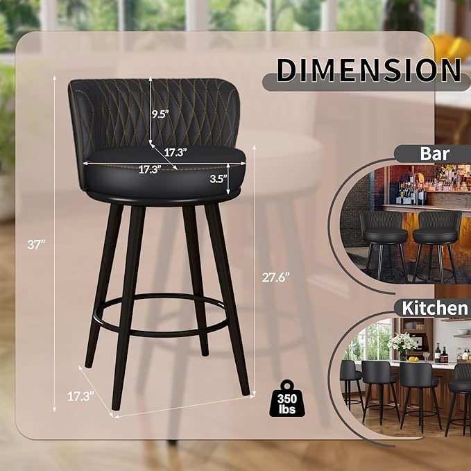 HONIFUR Bar Stools Set of 2, 27 Inch Barstools with Sturdy Legs, Leather Farmhouse Counter Height Bar Stool for Kitchen, Dining, Bar (Swivel, Black, Leather)