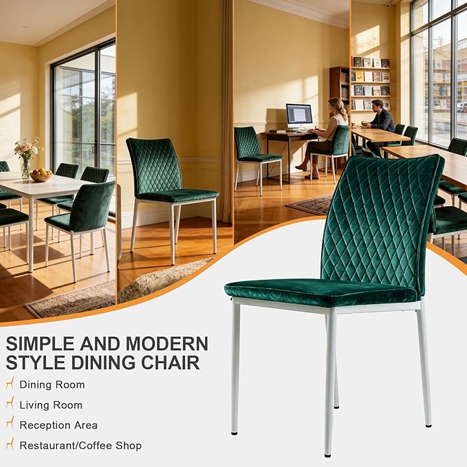 Dining Chairs Set of 2, Velvet Comfortable Seats, Mid-Century Modern Living Room Chairs, Upholstered Kitchen Chairs with Mental Legs and Padded Seat, Easy Assembly, Dark Green