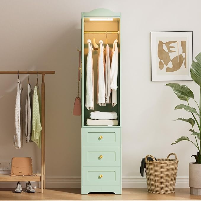 Armoire Wardrobe Closet, 69.5" H Wood Bedroom Cabinet with Mirror Door and 3 Drawers, Green Clothing Storage with Sensor Light and Hanging Rod for Bedroom - Left