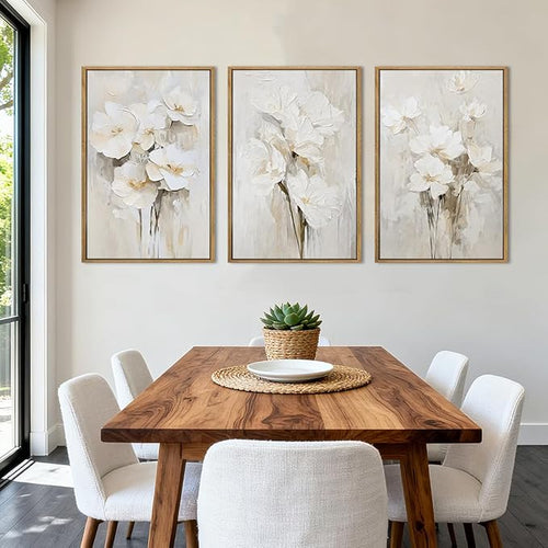Anyzal Framed Beige Floral Wall Art Neutral Flower Wall Decor for Living Room Bedroom Dining Room 16x24 Inch Set of 3