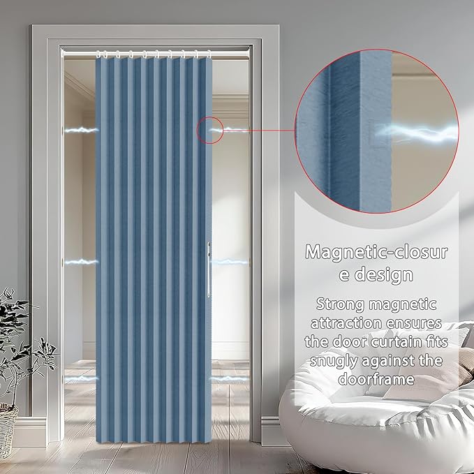 Jilron Accordion Door Curtain Set - 100% Blackout, with Curtain Rod Included, for Bedroom Privacy Protection (Blue-43 W x 78" L+Rod)