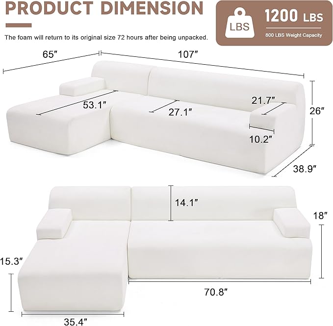 Weture 107" Modular Sectional Cloud Couch, Boneless couches Sponge sectionals for Living Room, High Density Sponges Sofa, Modular L-Shape with Chaise, White