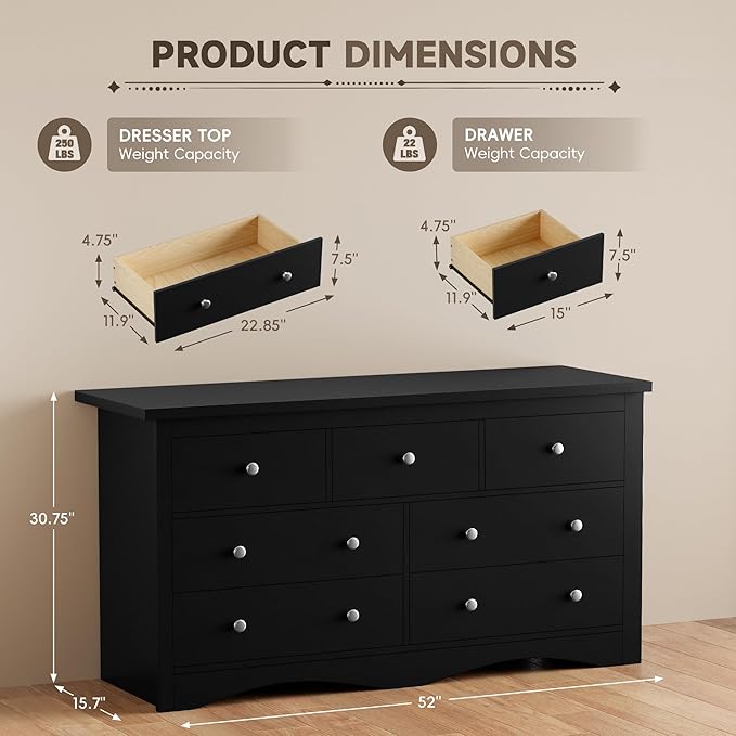 Furmax Dresser for Bedroom, 7 Wood Dresser, Chest of Drawers, for TV up to 65 inch, TV Stand Storage Chest of Drawers for Hallway Entryway (Black)