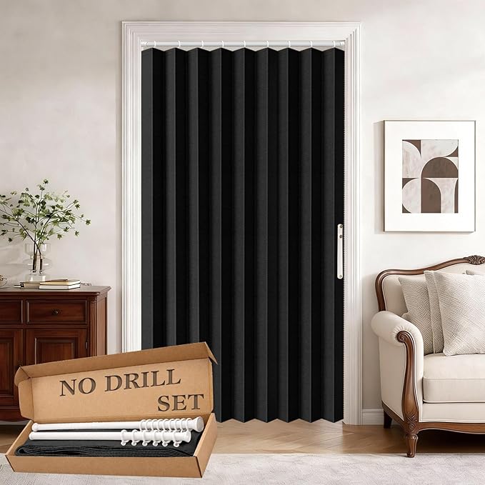 Jilron Accordion Door Curtain Set - 100% Blackout, with Curtain Rod Included, for Bedroom Privacy Protection (Black-43 W x 78" L+Rod)