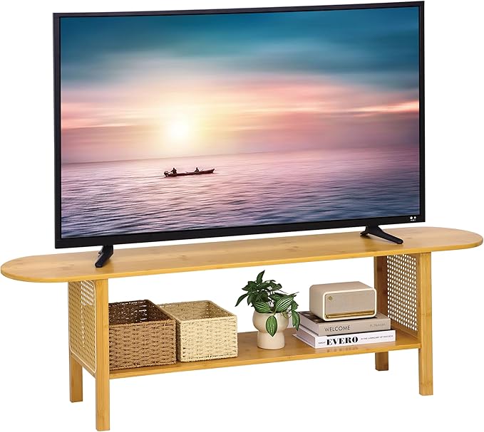 Bamboo TV Stand for TVs up to 65", Accent Entertainment Center with Storage, Media Console Table with Rattan, Modern TV Stand for Living Room, Bedroom, 55"(L), Burlywood