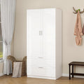 Panana Modern 2 Doors 2 Drawers Bedroom Armoires Wardrobe Clothes Storage Closet with Hanging Rod, Wooden Bedroom Freestanding Wardrobe, 31.5" W x 19.7" D x 70" H (White)