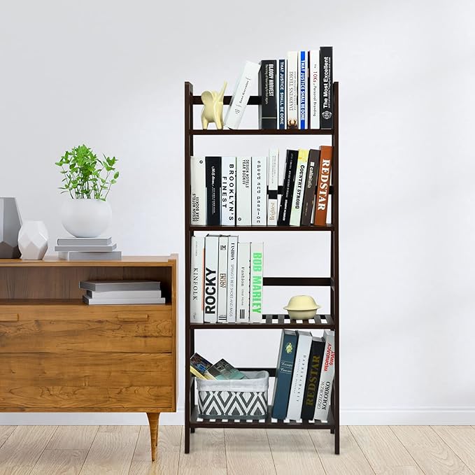 COSTWAY 4-Tier Ladder Shelf, Bamboo Plant Stand Rack, Freestanding Bookshelf, Multifunctional Storage Shelves, Flower Stand Rack Holder for Garden, Balcony, Living Room, Bedroom (Coffee)