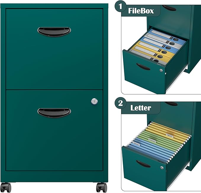 SteeLoong 2 Drawer File Cabinet with Lock,Green Rolling File Cabinet for Home Office,Printer Stand, Metal Small Mobile Filing Cabinets on Wheels for Hanging Letter