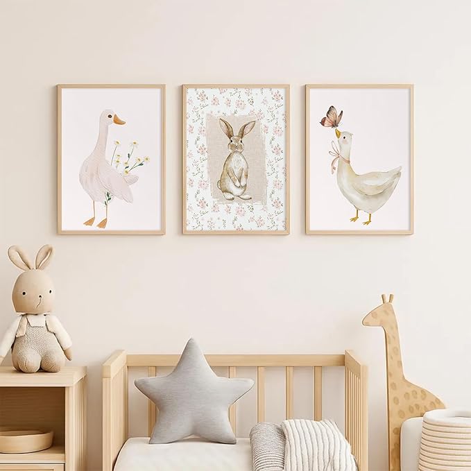 Vintage Nursery Wall Art Goose Canvas Poster Coquette Wall Decor Baby Girl Painting Kids Poster Bunny Rabbit Prints Cute Animal Pictures Duck Artwork for Bedroom Living Room 16x24x3 Inch Unframed