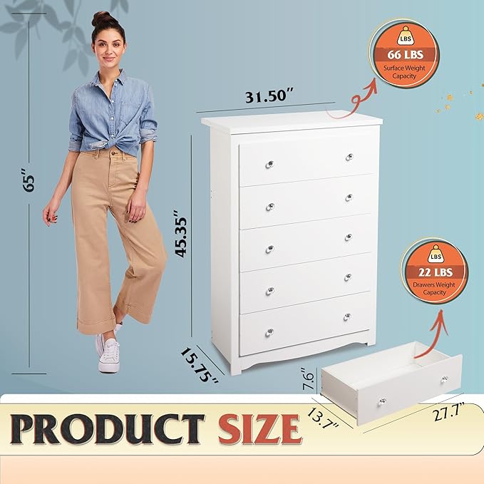 WLIVE White Dresser for Bedroom, 45" Tall 5 Drawers Wooden Chest of Drawers, Storage Cabinet and Organizer Drawers for Living Room, Hallway, Closet